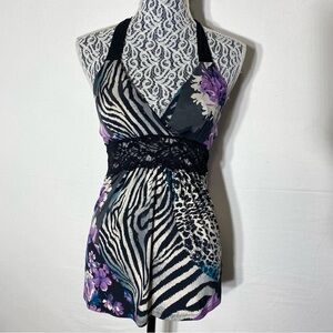 Vintage Y2K Black Purple Animal Print Floral Going Out Top Halter Top S
